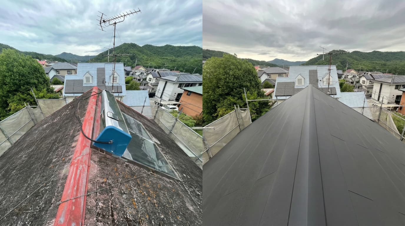 スレート屋根の割れを屋根葺き替えで修繕(施工前後)